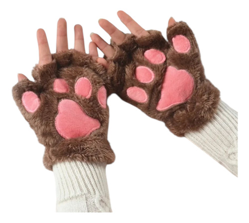 Guante De Invierno De Peluche Huellas De Gato Termicos Kawai Marrón Peluche