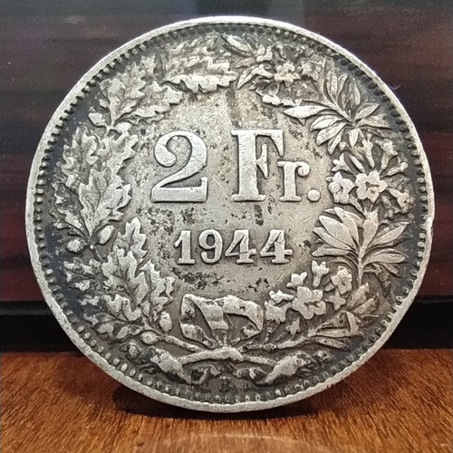 Antigua Moneda De Plata 2 Francos Suiza 1944 Km# 21