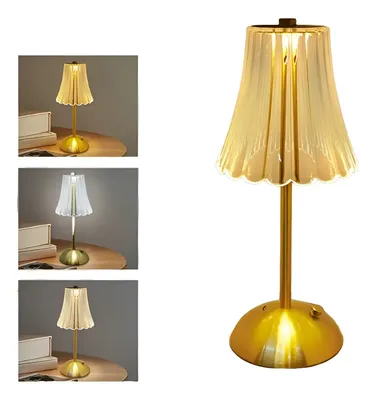 Abajur Mesa Saia De Seda Com Barra Led Sensor Sem Fio 3 Cor Dourado