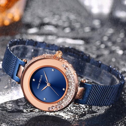 Reloj De Cuarzo Con Diamantes Y Cinturón De Malla De Lujo Mi Color De La Correa Azul