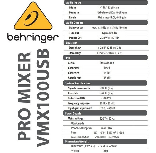 Imagen 7 de 7 de Behringer Vmx100usb Mixer Mezclador Dj Profesional Interfaz