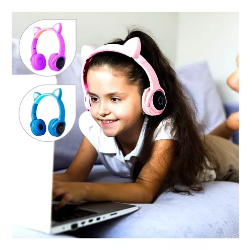 Fone De Ouvido Sem Fio Bluetooth Orelha Gatinho Led Colorido Cor Violeta