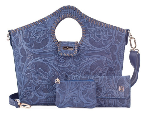 Set Bolsa De Piel Con Cartera Y Monedero Grabado Kit Bolso Color Azul Diseño De La Tela Kit Teresa