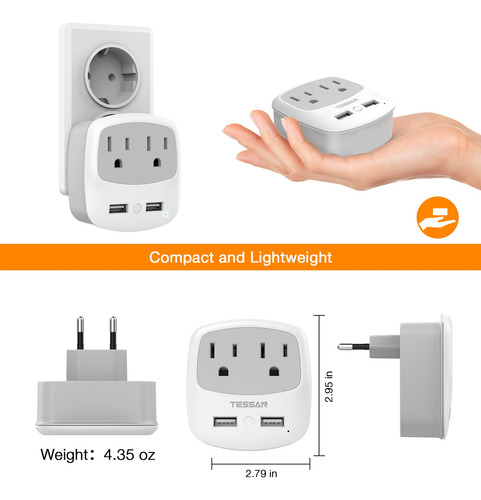 Adaptador De Enchufe De Viaje Tessan Con 2 Usb Tipo C Eu