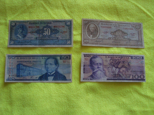 4 Billetes Antiguos Mexicanos Antiguos 50 Y 100 Pesos