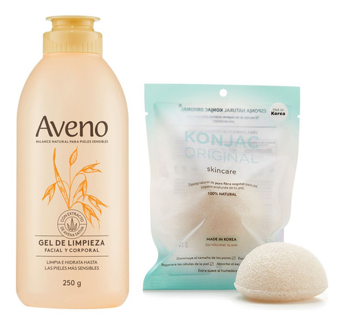 Combo Aveno Gel De Limpieza + Konjac Esponja Piel Sensible