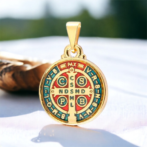 Medalha De São Bento Colorida Pequena Dourada