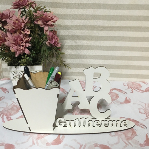 Porta Caneta Abc Personalizado Mdf Branco 10 Peças