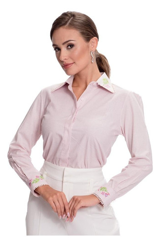 Camisa Social Feminina Linho Bordada Flores Moderna Teodoro