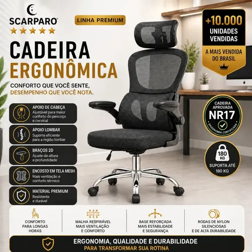 Cadeira Escritório Ergonômica Giratória Preto Scarparo Com Apoio Lombar e Apoio de cabeça