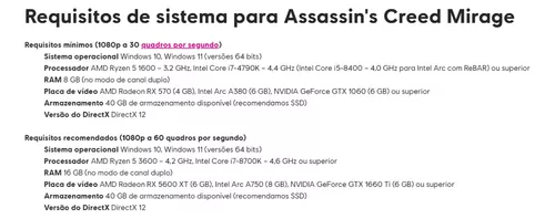 Confira os requisitos mínimos e recomendados de Assassin's Creed Mirage no  PC