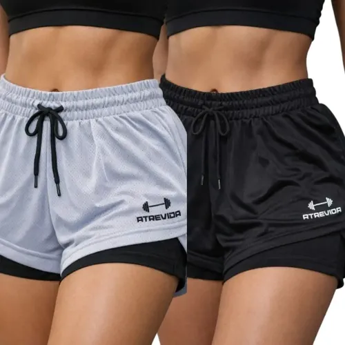 Kit Com 2 Shorts 2 Em 1 Academia Feminino Compressão Fitness