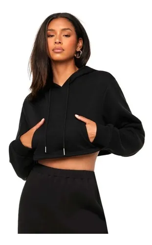 Sudadera Corta Negra Con Bolsa Cangurera Y Gorro Shein Cuotas