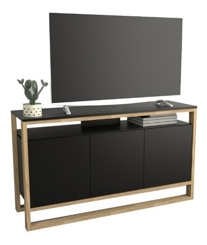 Rack Mesa De Led Tv Nordico Escandinavo Melamina Moderna Color Negro Con Olmo Finlandes