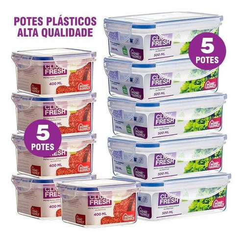 Imagem 1 de 5 de Kit 10 Potes Plásticos Herméticos Alta Qualidade Click Fresh