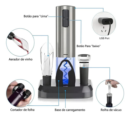 Abridor De Vino Automático Recargable 4 En 1 Con Sacacorchos