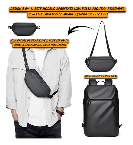 Mochila Masculina Executiva Impermeável Notebook 15,6 Polegadas 2 Em 1 Com Bolsa Transversal Removível Multiuso Faculdade Escola Cor Preto