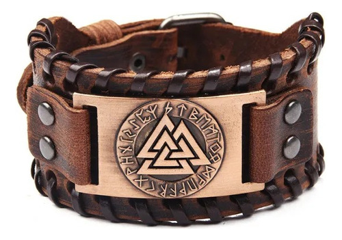 Brazalete Valknut Placa Metalica Piel Ajustable Biker Viking