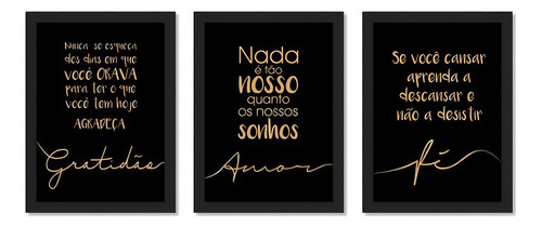 Kit 3 Quadros Decorativos Frases Gratidão Amor E Fé C/vidro
