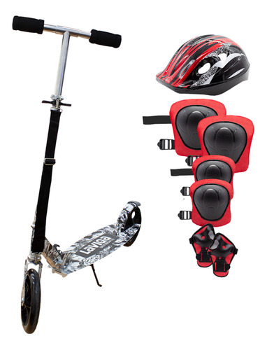 Scooter Patín Plegable Para Niñas Y Niños + Protecciones Color Rojo Calavera