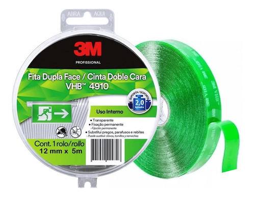 Fita Dupla Face 3m Transparente Vhb 4910 Estojo 12mmx5m