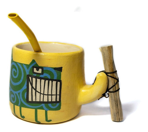 Mate Artesanal Cerámica Original Con Palito Y Bombilla