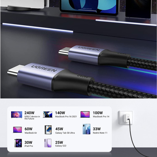 Cabo Usb C Ugreen Sincronização Dados 480mbs 240w 2 Metros