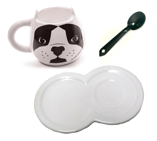 Acabajo Deco Set Perro Bull Dog: Taza, Bandeja Y Cuchara