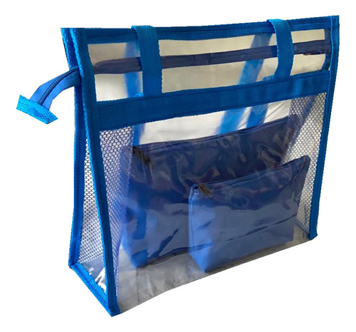 Bolsa Transparente Grande De Praia Com Necessaires De Brinde Acambamento Dos Ferragens Níquel Cor Azul Cor Da Correia De Ombro Cor Da Bolsa Desenho Do Tecido Liso