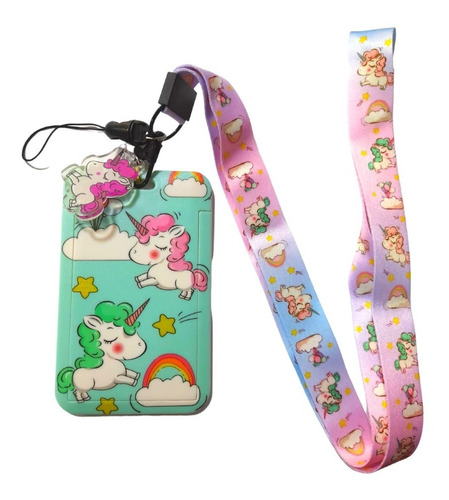 Portacredencial + Lanyard Unicornio Celeste