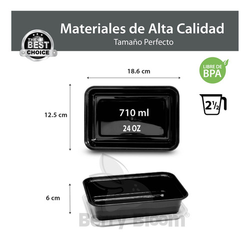144 Contenedores Para Alimento Reutilizable Rectangular 24oz Color Negro Diseño Rectangular con Tapa Transparente Para Microondas, Congelador y Lavavajillas Fáciles de Limpiar, Apilables y Ecológicos