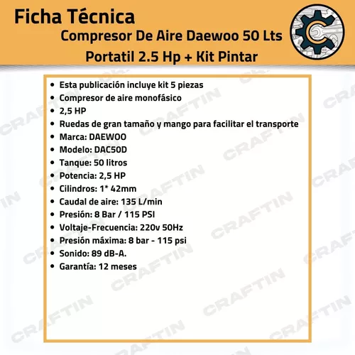 Compresor De Aire Daewoo 50 Lts Portatil 2.5 Hp + Kit Pintar