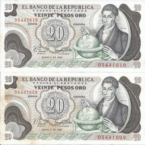 Colombia Dúo De Números Consecutivos, 20 Pesos 1 Enero 1982