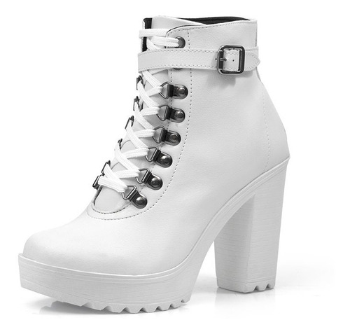 Bota Coturno Feminina Tratorada Salto Alto Branco