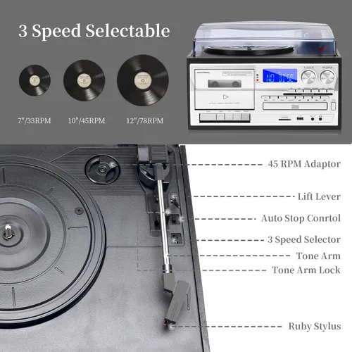 Tocadiscos 10 En 1 Con Altavoces Y Bluetooth Negro