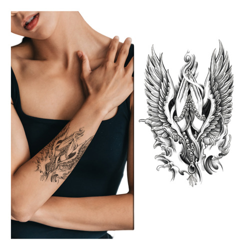 Tatuagem Temporária - Assas Arcanjo Mãos Fé Terço - Unissex