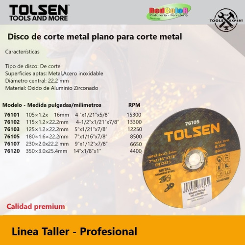 Disco De Corte P/metal Y Acero Inoxidable 7'' Tolsen - 76105