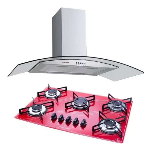 Kit Coifa Gourmet Inox 80cm + Cooktop 5q Vermelho Safanelli