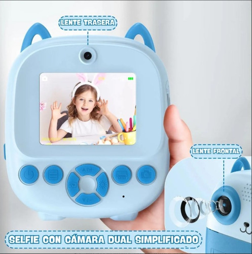Camara Digital Infantil Gatito Impresion Instantanea Termica Celeste