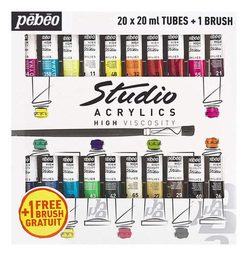 Acrílico Pebeo Studio Set 20 Colores 20ml + Pincel