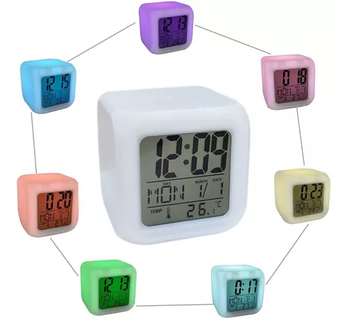 Imagen 2 de 4 de Reloj Despertador Cubo Luminoso Digital 6 Colores Led Alarma