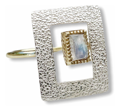 Anillo Rectangular Plata 925 Bañado Oro 18k Luna Arcoíris