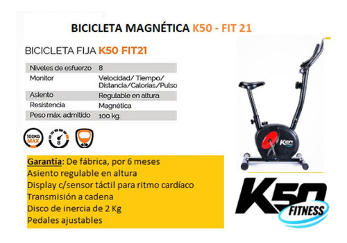 Imagen 2 de 7 de Bicicleta Fija Magnética K50 Fitness - Fit21 Negra