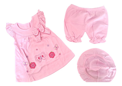 Conjunto Bebé, Vestido Gorro Y Bombacha, Rosado A Lunares