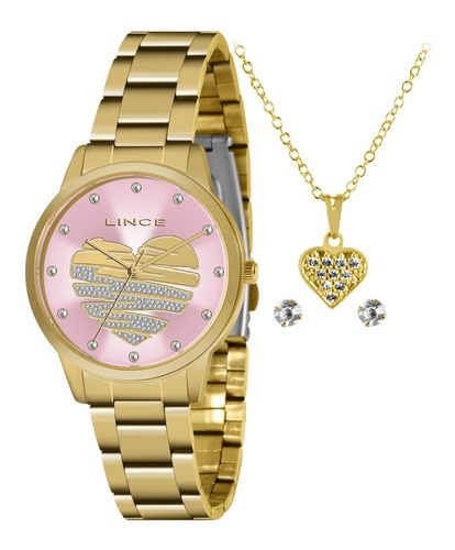 Kit Relogio Lince Feminino Lrgj139l Kn53 Folheado 18k Rosa Cor da correia Dourado Cor do bisel Dourado