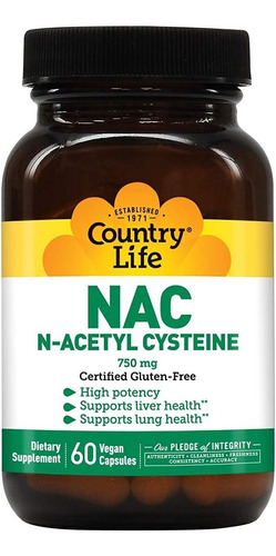 Country Life - Nac (n-acetyl Cysteine), 750 Mg - 60 Cápsula