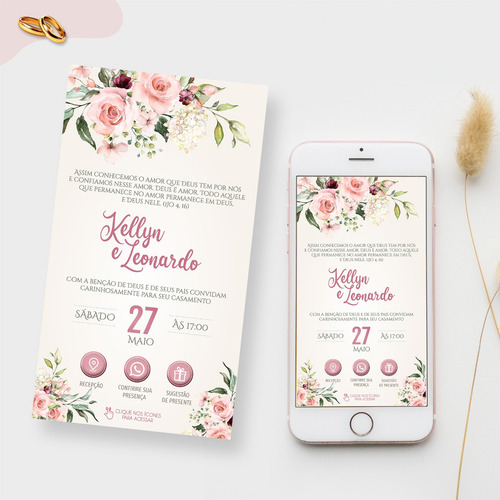 Convite Casamento Floral Rose Interativo Virtual + Sugestão