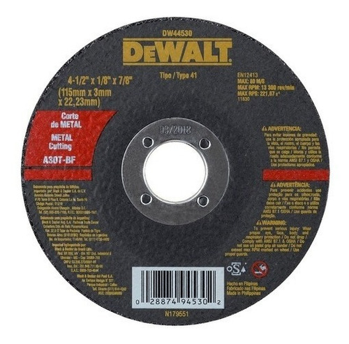 Disco de corte de metal Dewalt Dw44530 4.1/2x1/8x7/8
