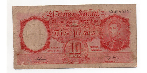 Billete Argentina 10 Pesos Moneda Nacional Bottero 1952