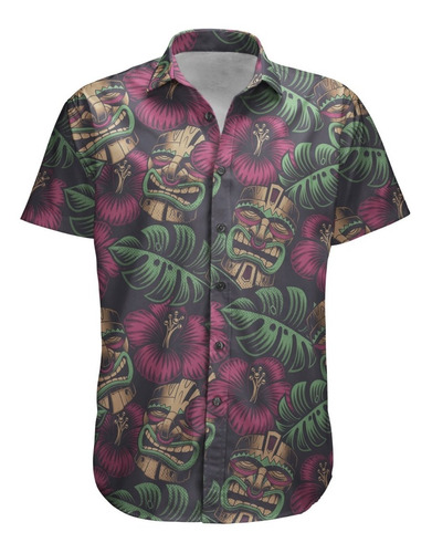 Camisa Botão Praia Mascara Totem Tiki Hawainana Hawaii Retro